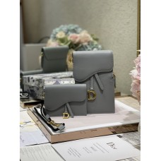 Dior Saddle Flap Card Holder Calfskin Gray