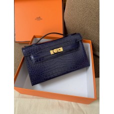 Hermes Kelly Bag 22CM Crocodile Stripe Dark Blue 