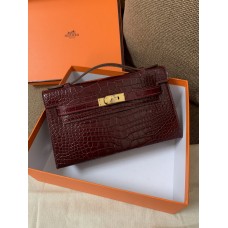 Hermes Kelly Bag 22CM Crocodile Stripe Dark Red 