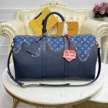 Louis Vuitton Keepall Bandouliere 50 Monogram denim and Navy Blue Taurillon leather M45975