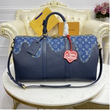 Louis Vuitton Keepall Bandouliere 50 Monogram denim and Navy Blue Taurillon leather M45975