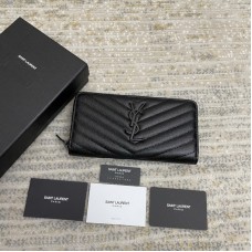 Saint Laurent Caviar Pattern Zipper Wallet Black/H