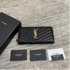 Saint Laurent Caviar Pattern Zipper Wallet Black/G