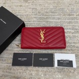 Saint Laurent Caviar Pattern Zipper Wallet Red