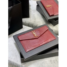 Saint Laurent Uptown Pouch In Crocodile Embossed Shiny Leather 565739 Red