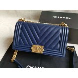 Chanel Le Boy V line Medium bag Caviar navy blue with golden hardware