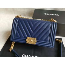 Chanel Le Boy V line Medium bag Caviar navy blue with golden hardware