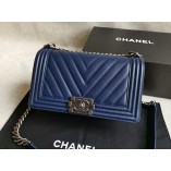 Chanel Le Boy V line Medium bag Caviar navy blue with golden hardware