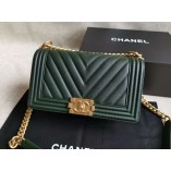 Chanel Le Boy V line Medium bag Caviar dark green with golden hardware