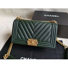 Chanel Le Boy V line Medium bag Caviar dark green with golden hardware