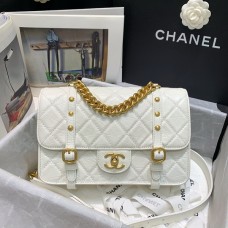 Chanel Flap Bag Twill Vintage Calfskin Gold Metal AS2696 White