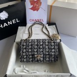 Chanel White Flower Gold Sequined Woolen Chain Bag 25cm