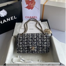 Chanel White Flower Gold Sequined Woolen Chain Bag 25cm