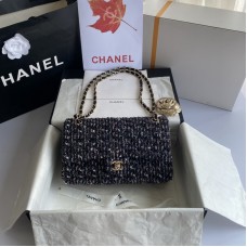 Chanel Black Flower Gold Sequined Woolen Chain Bag 25cm