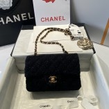 Chanel Black Gold Wool Chain Bag 20cm