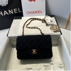 Chanel Black Gold Wool Chain Bag 20cm