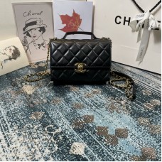 Chanel New 2021 Mini Flap Bag With Handle Black Lambskin Gold Metal AS2796