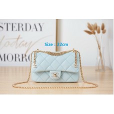 Chanel Classic Flap Mini Handbag Enamel Button Light Blue