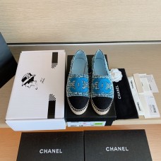 Chanel Spring And Summer New Double C Logo Fisherman Shoes Blue Grid And Blue