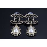 Chanel Black Leather Color Diamond Drop Pearl Stud Earrings