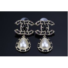 Chanel Black Leather Color Diamond Drop Pearl Stud Earrings